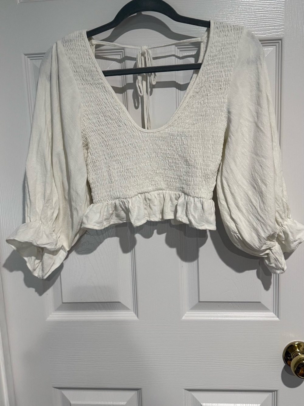 Cream Smocked V-Neck Crop Top with Ruffle Hem